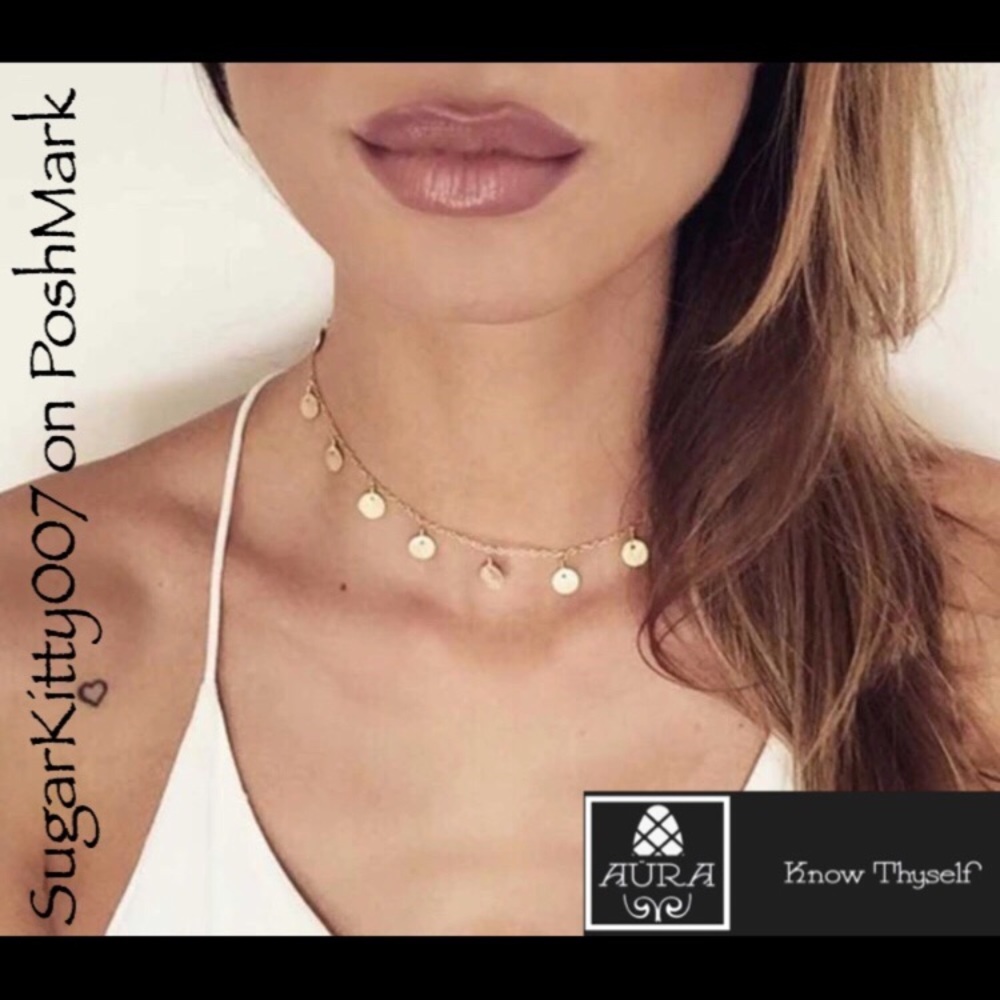 Gold Dangle Coin Dainty Choker Necklace Simple - Picture 2 of 5